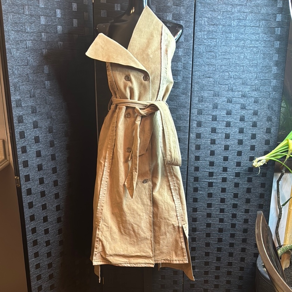 Unique Corduroy Deconstructed Trench Coat Dress Sz M Tan